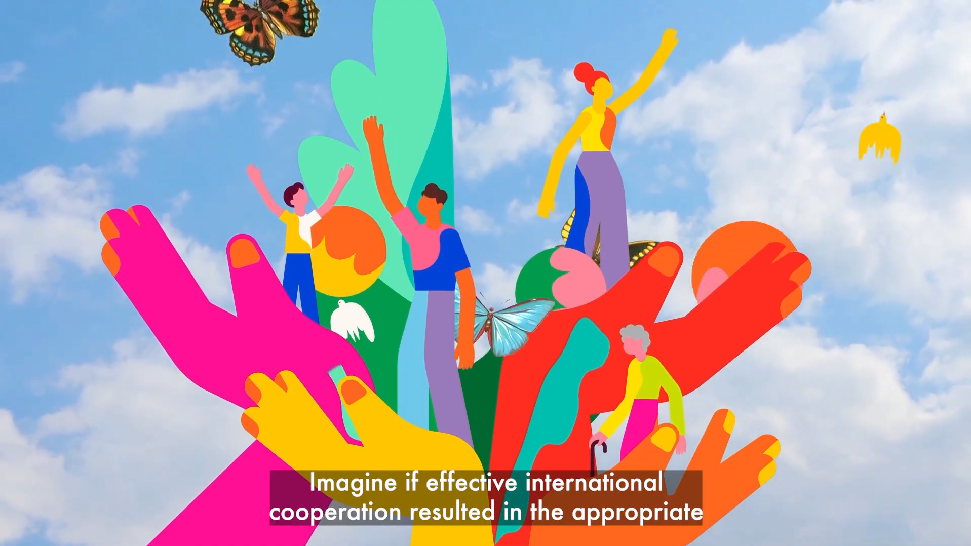 Colourful illustration of diverse people standing on giant hands, surrounded by butterflies and birds.