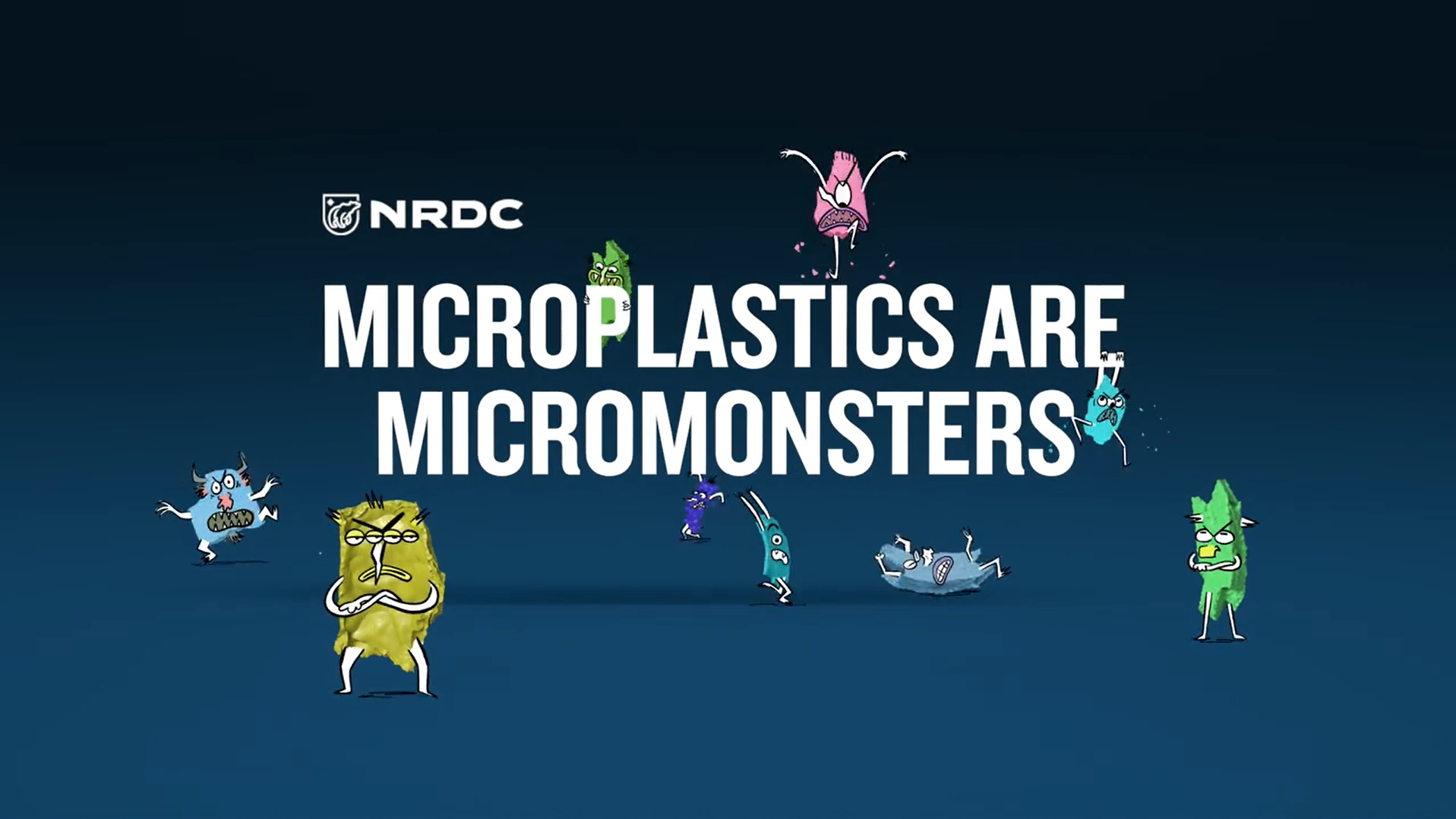 Animated microplastic characters surround the words “Microplastics Are Micromonsters.”