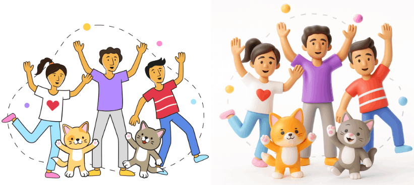 Cartoon kids celebrating with cats, shown in flat illustration and 3D style.