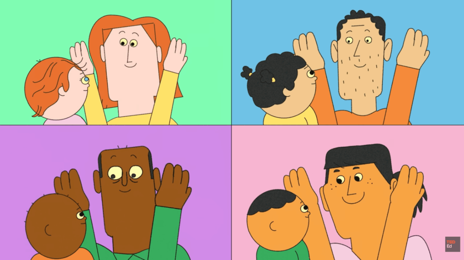 Parents raising hands while babies look upward