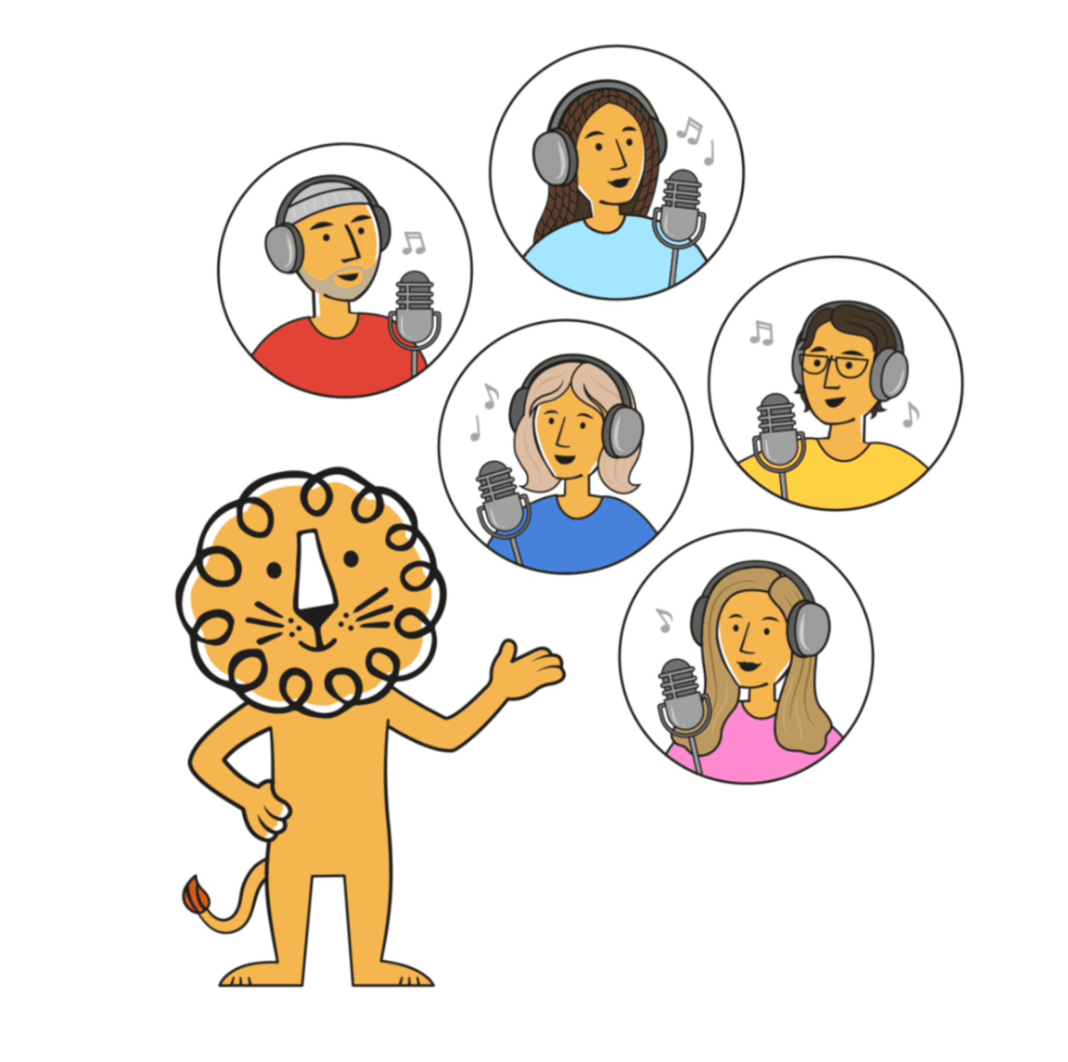 Leon the lion presenting a group of voice actors recording dialogue with microphones and headphones.