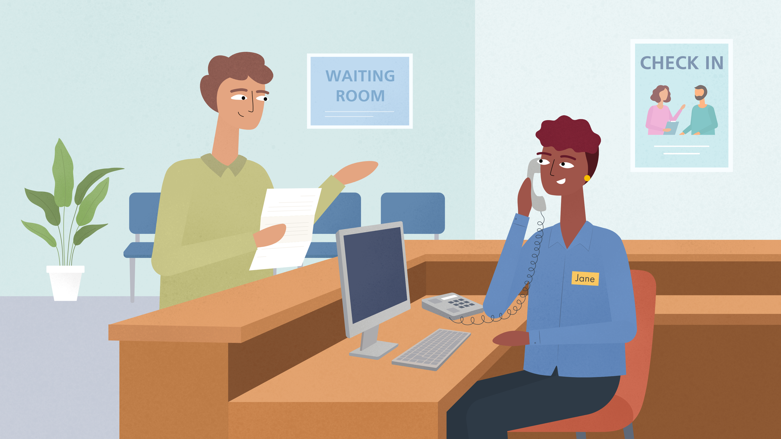 Receptionist speaks on the phone while assisting a patient in a healthcare waiting room.