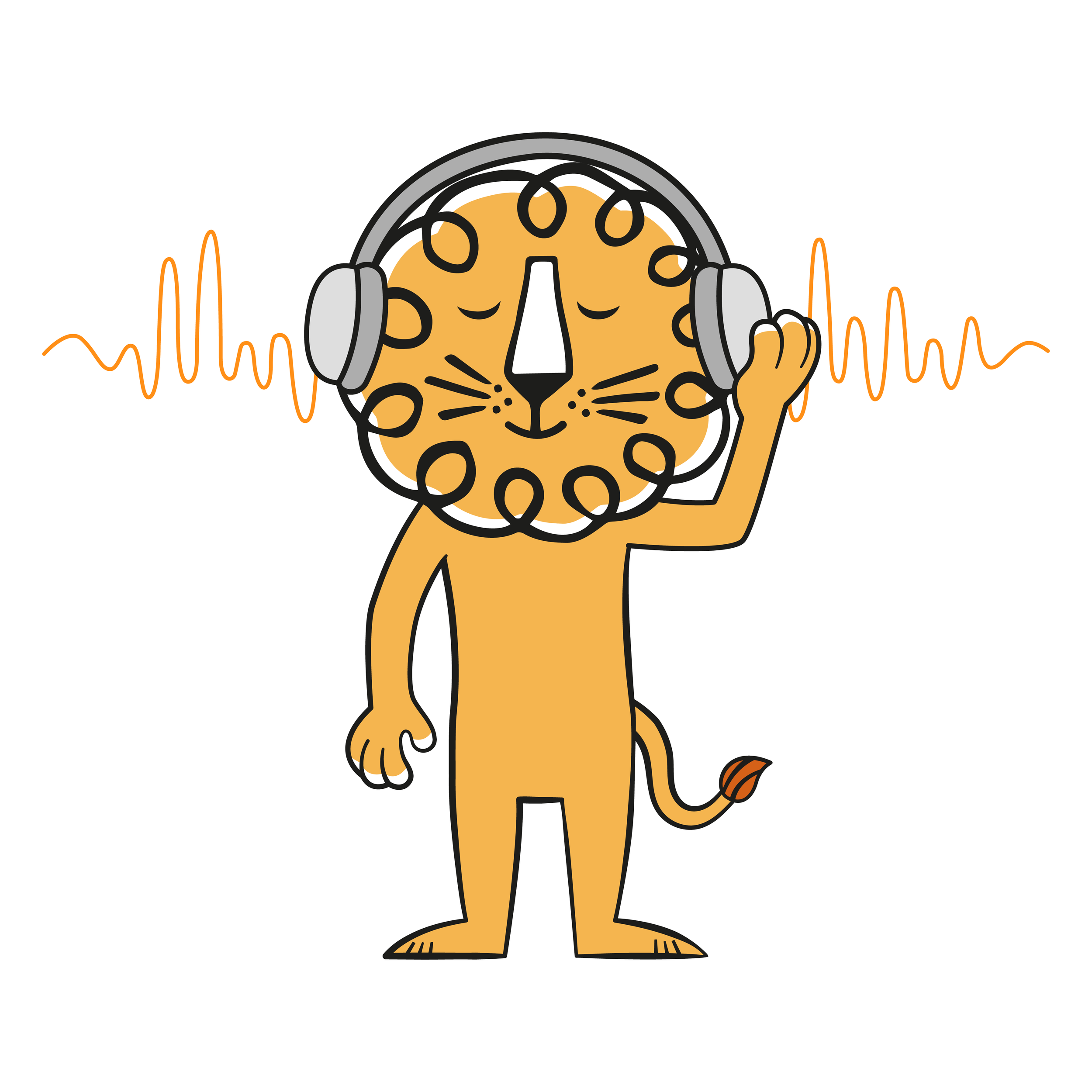 Leon the lion wearing headphones and listening to audio while sound waves appear on both sides.