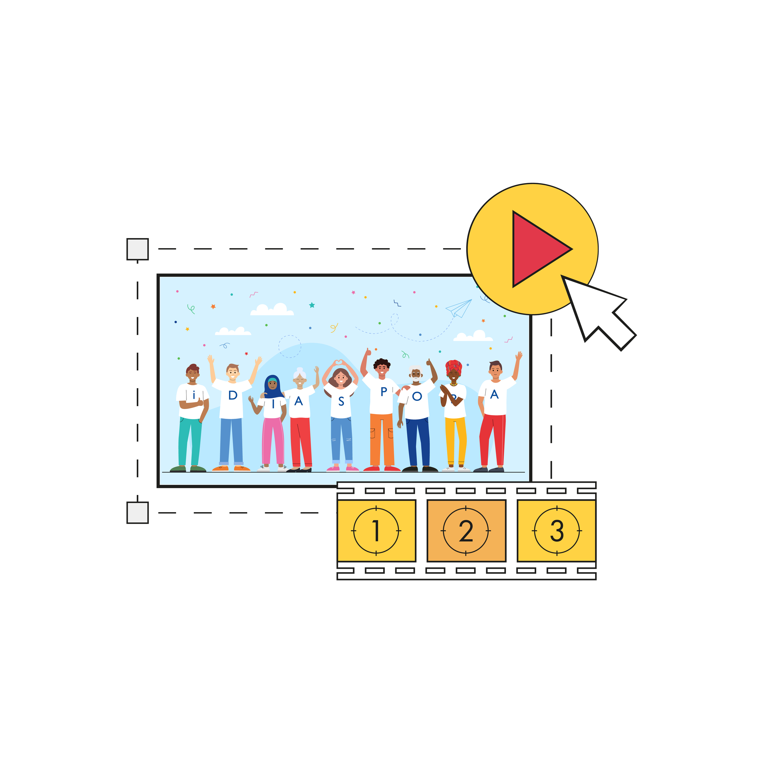 Video editing interface showing a timeline with numbered clips and a play button over a group of animated characters celebrating.