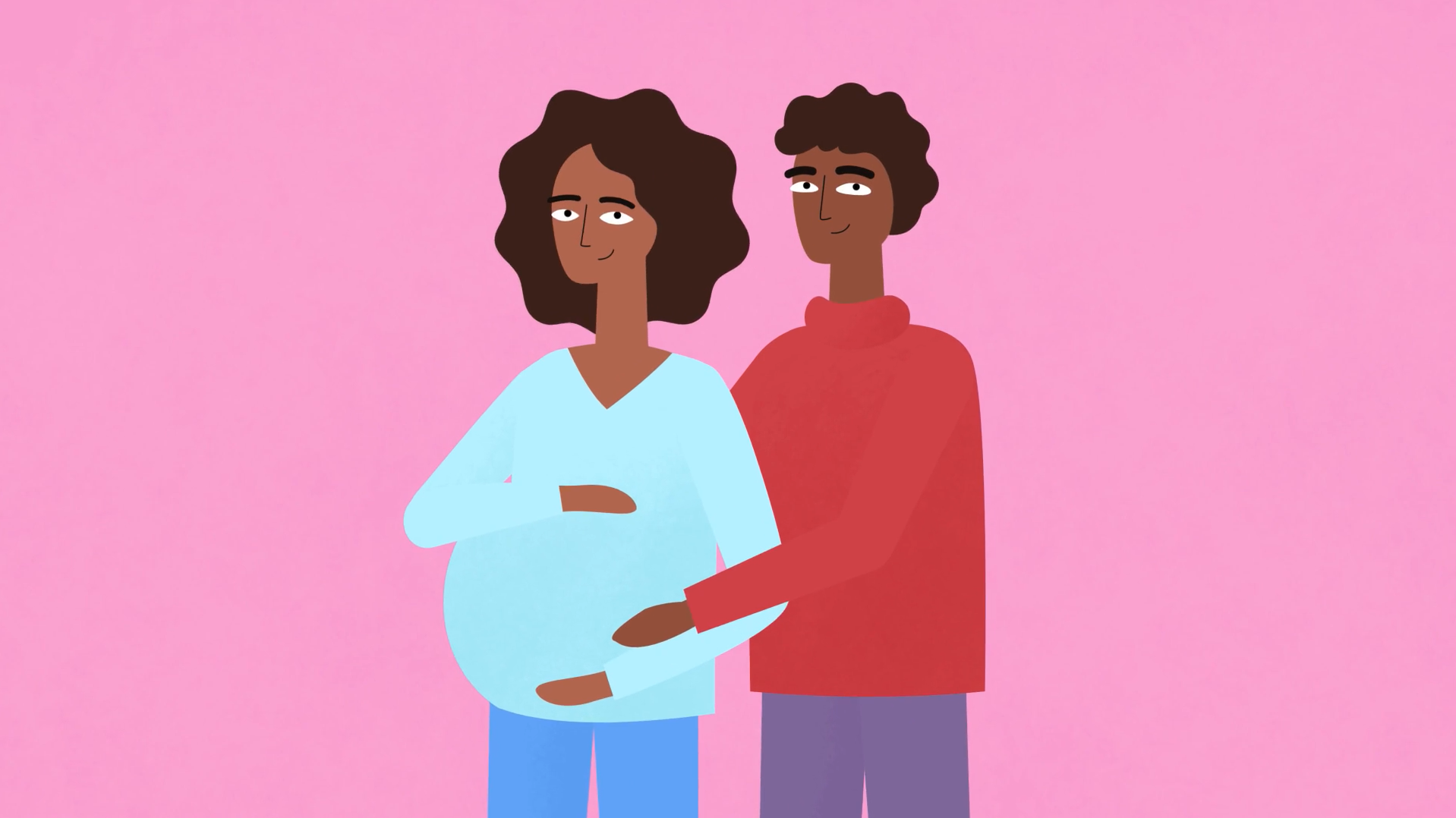 Pregnant woman stands beside supportive partner with both gently holding her growing baby bump together.