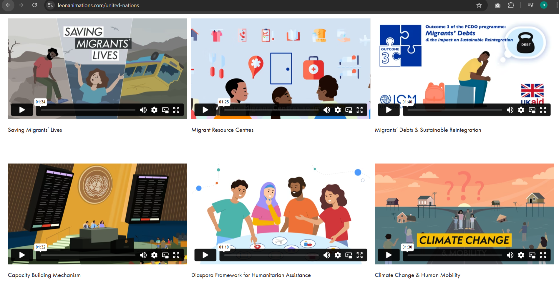 Collection of UN and migration-related animation thumbnails covering mental health, migration narratives, and humanitarian support.
