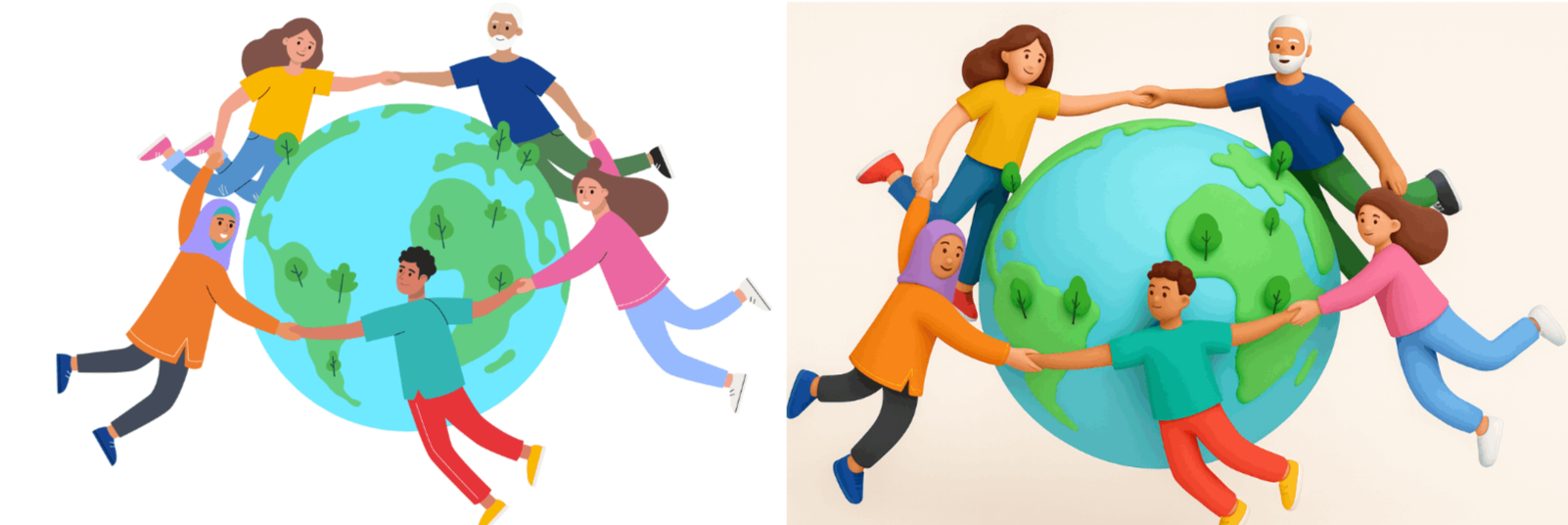People holding hands around the Earth, shown as flat illustration and 3D style.