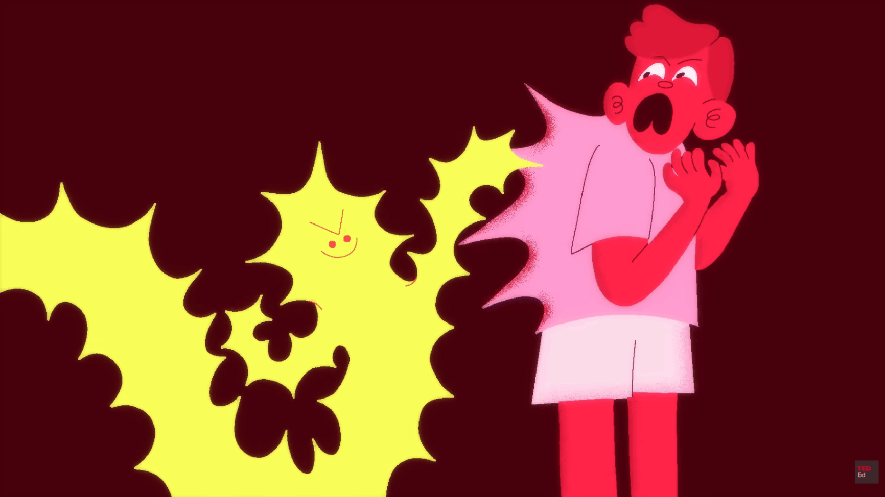 Person screaming in fear as large yellow abstract shapes close in around them