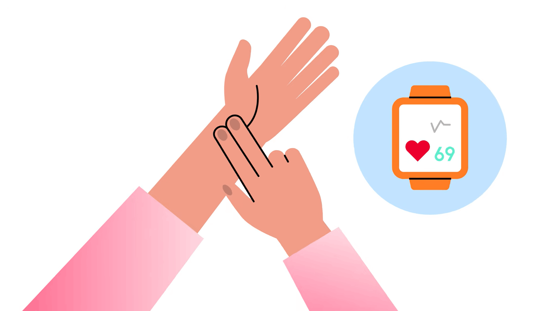 Hands checking a wrist pulse with a smartwatch displaying a heart rate reading.