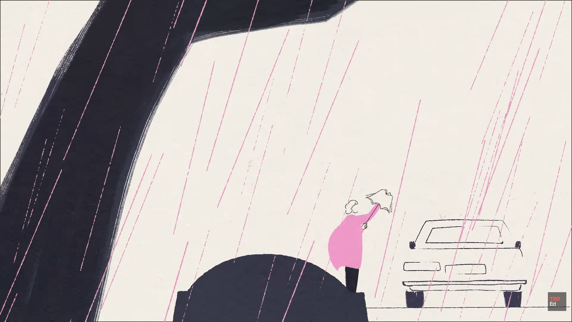 Person in pink stands beside car during heavy rain beneath large dark shelter.