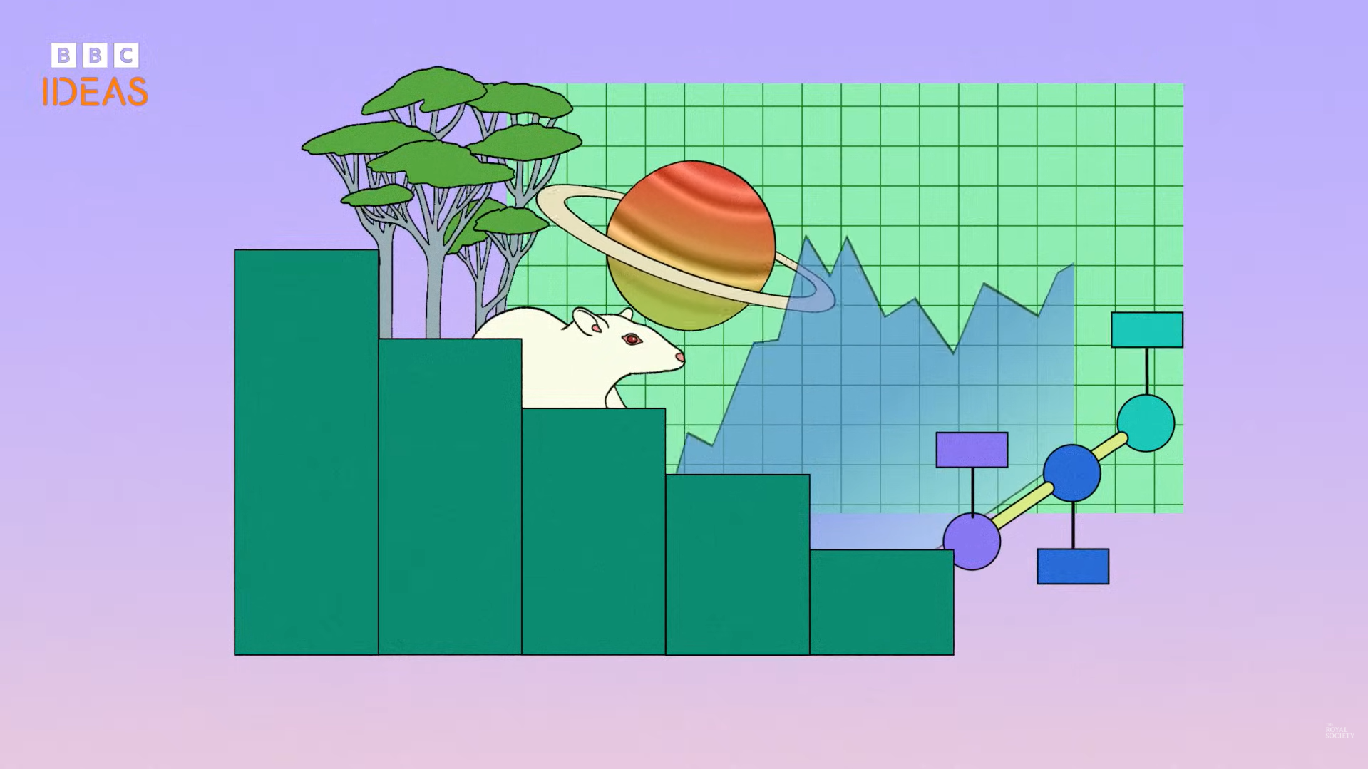 Mouse stands on bars beside graphs, trees, and planetary symbols.