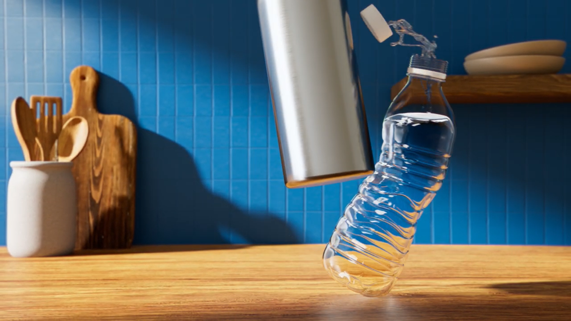 Plastic bottle is crushed by a metal object on a kitchen counter.