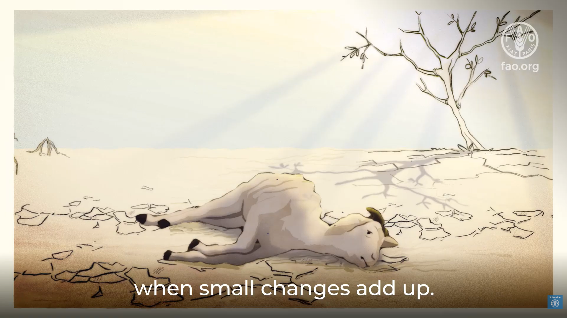 Goat lies lifeless on cracked dry ground under harsh sunlight.