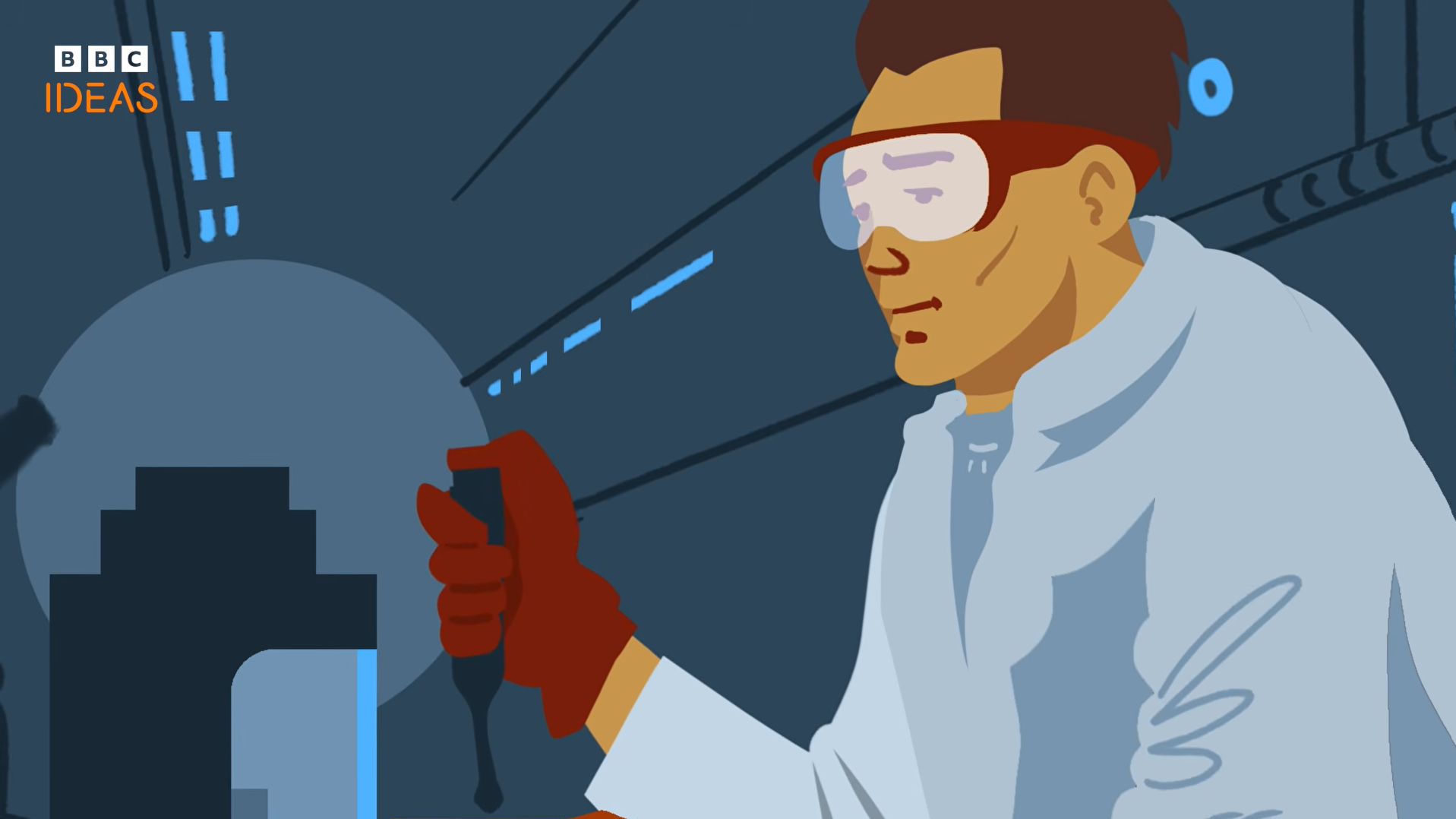 Scientist wearing protective clothing and goggles works in a laboratory in a BBC Ideas animation.