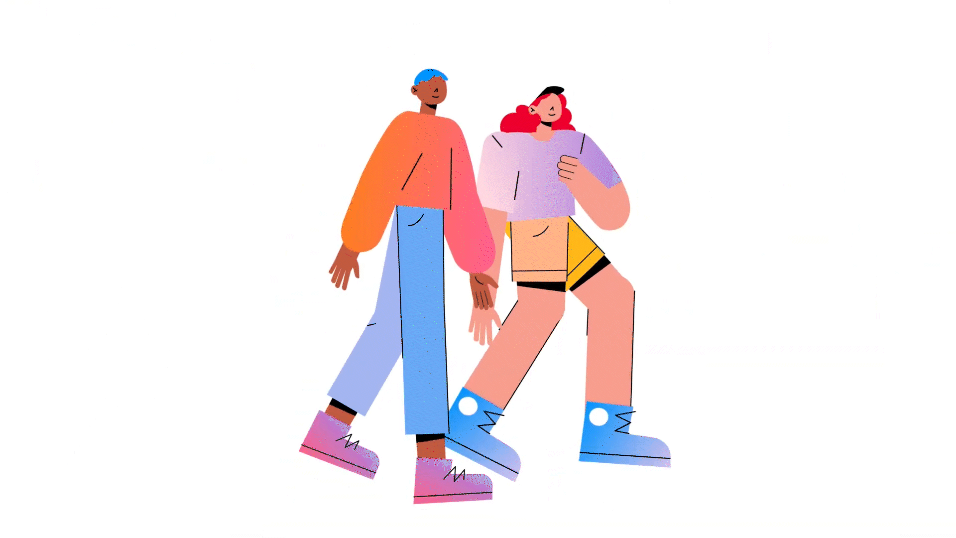 Animated illustration sequence showing everyday activities including two people walking together, friends talking at a table, shopping for fruit, commuting on public transport, watering plants, and greeting an elderly person