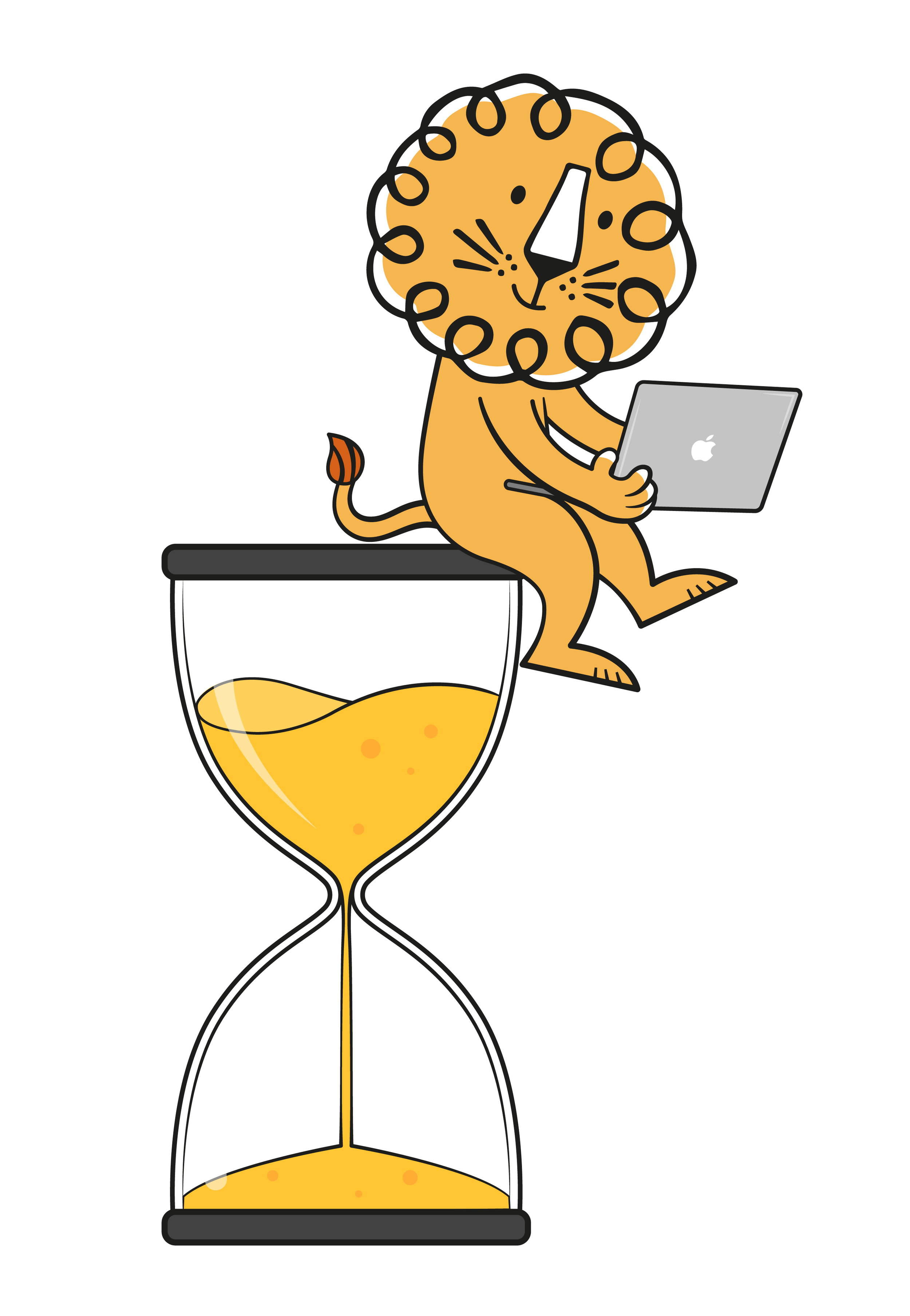 Leon! Animation Studio’s lion sits on an hourglass while using a laptop.