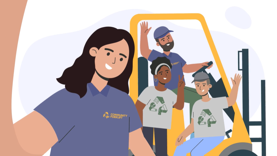 Community Forklift staff posing together on a forklift while a team member takes a selfie.