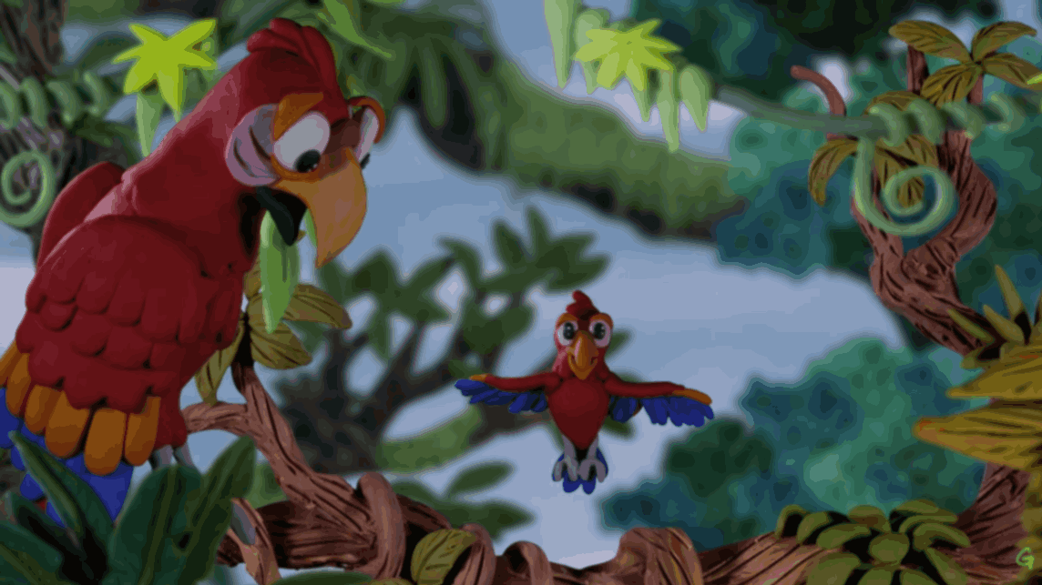 Adult macaw watches a young bird flying through dense forest branches.