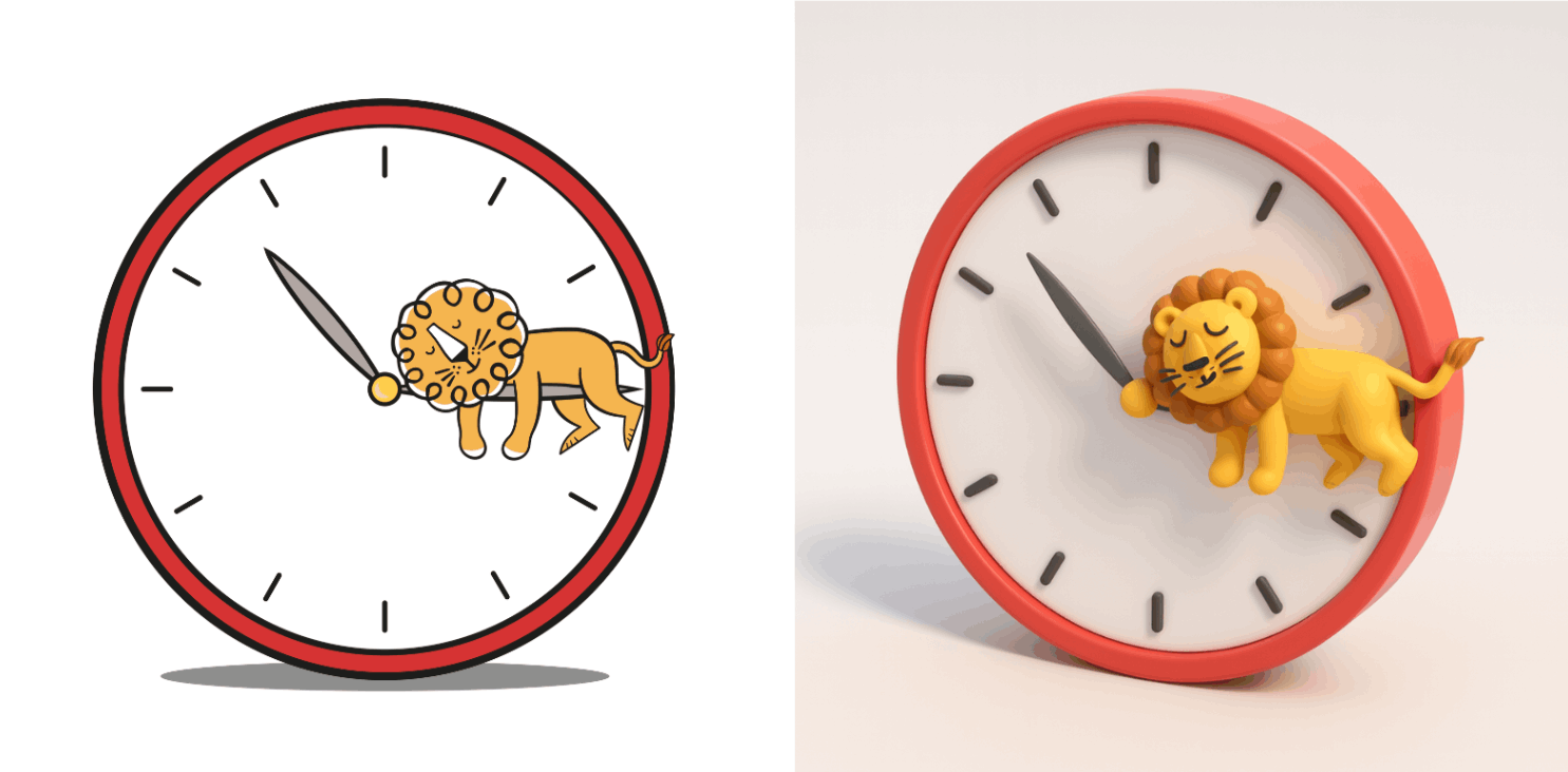 Lion resting inside a clock face, shown in flat illustration and 3D model.
