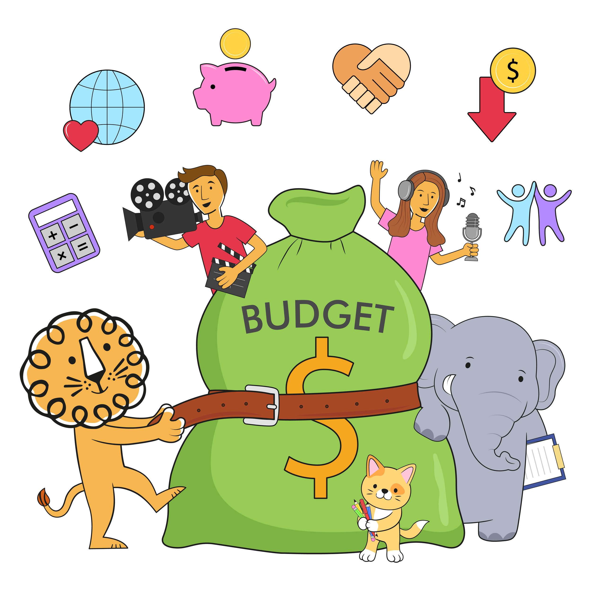 Large money bag labeled budget surrounded by creative team, tools, and icons representing resource allocation.