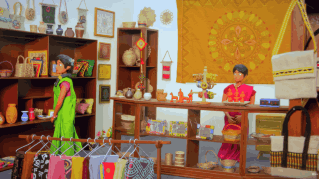 Two women inside a small handicraft shop displaying handmade baskets, textiles, and ornaments on wooden shelves.