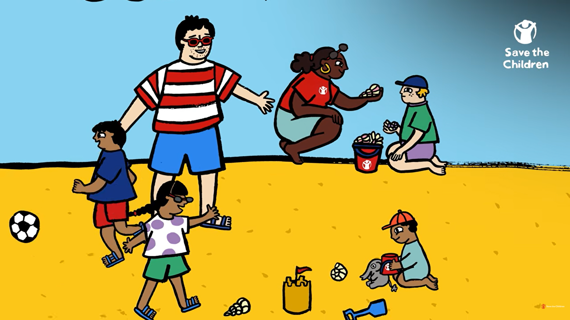 Children and adults play together outdoors in a colourful Save the Children animation.