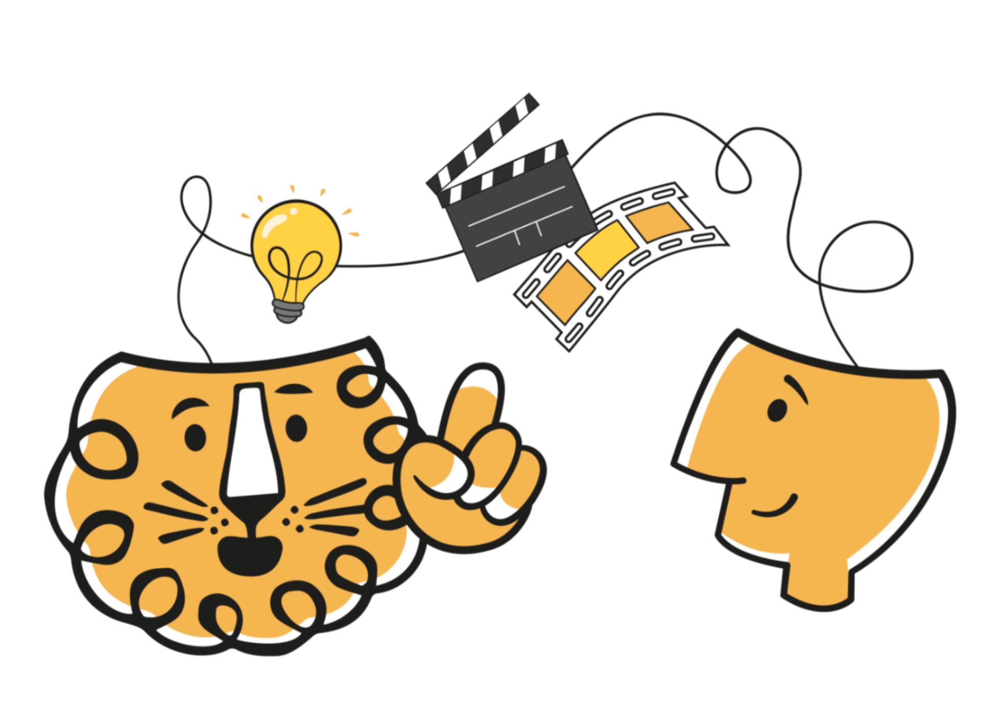 Leon! Animation Studio’s lion shares ideas with a person using film and lightbulb icons.