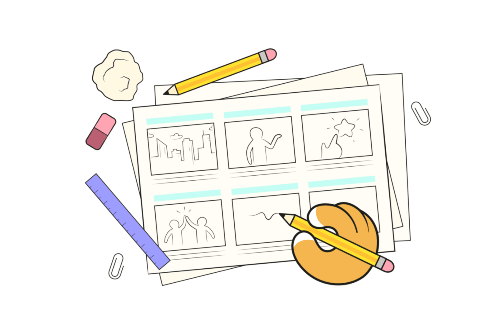 Storyboard pages with rough scene sketches while a hand draws frames with a pencil.