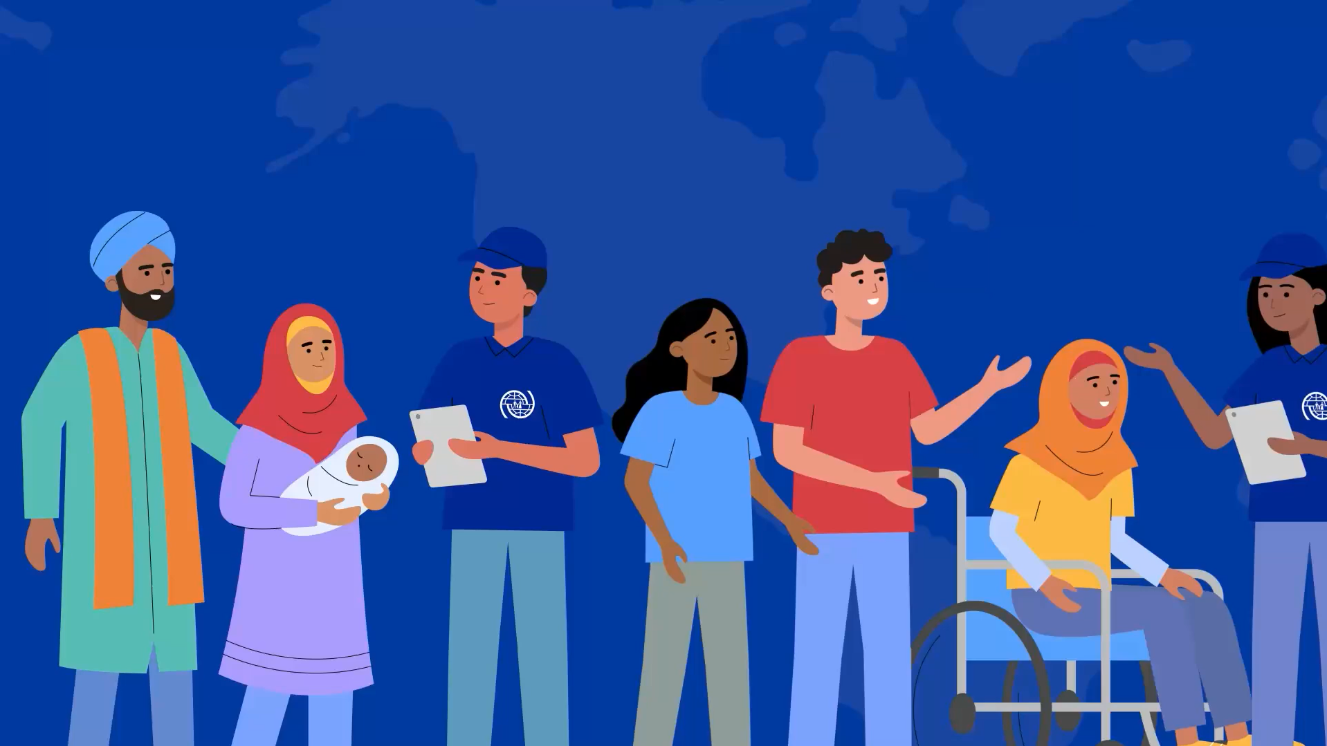 Diverse group including mother, baby, volunteers, and wheelchair user.