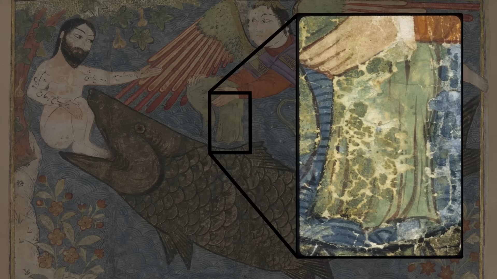 Historical artwork highlights damaged painted area with magnified detail revealing cracks, fading, and deterioration.