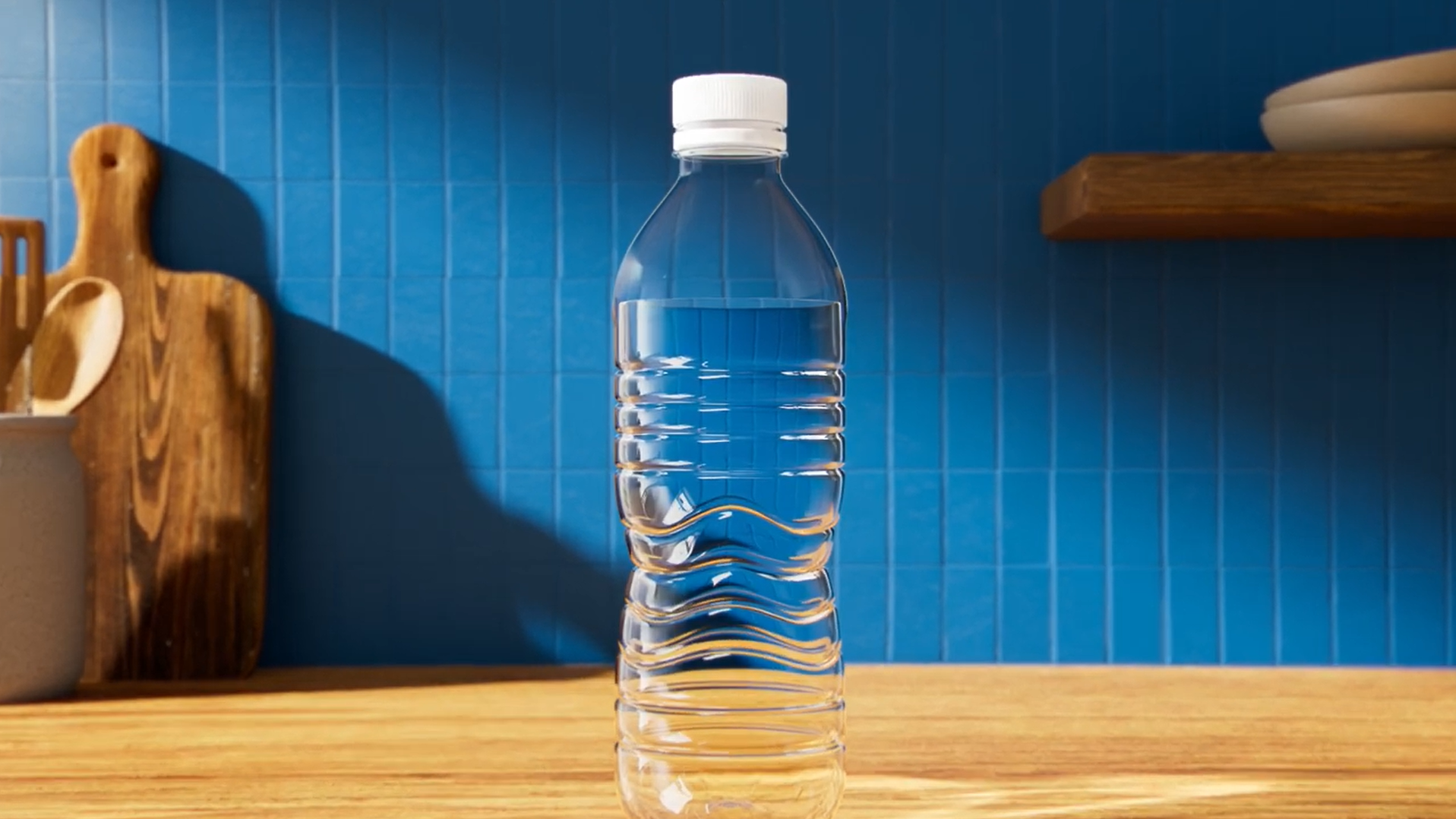Clear plastic water bottle stands on a kitchen counter against a blue tiled wall.