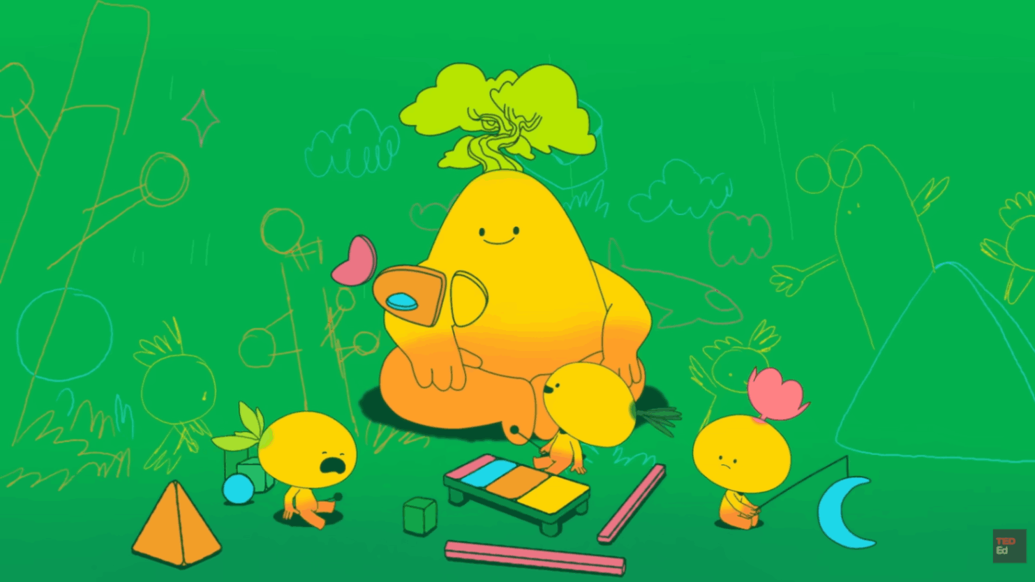 Caregiver observes children exploring educational toys, emotions, music, and imaginative play.