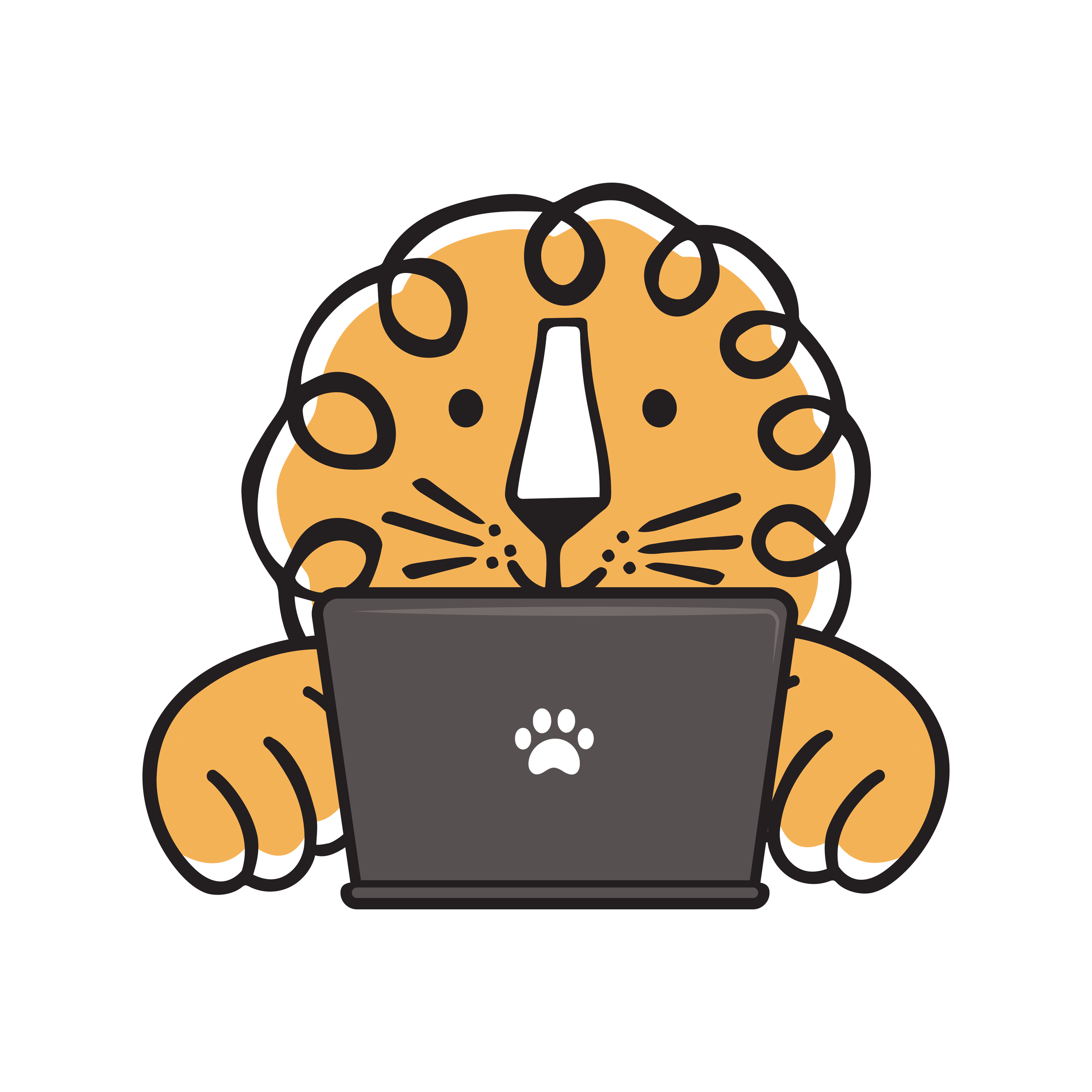 Leon the lion using a laptop, focused on work or animation production tasks.