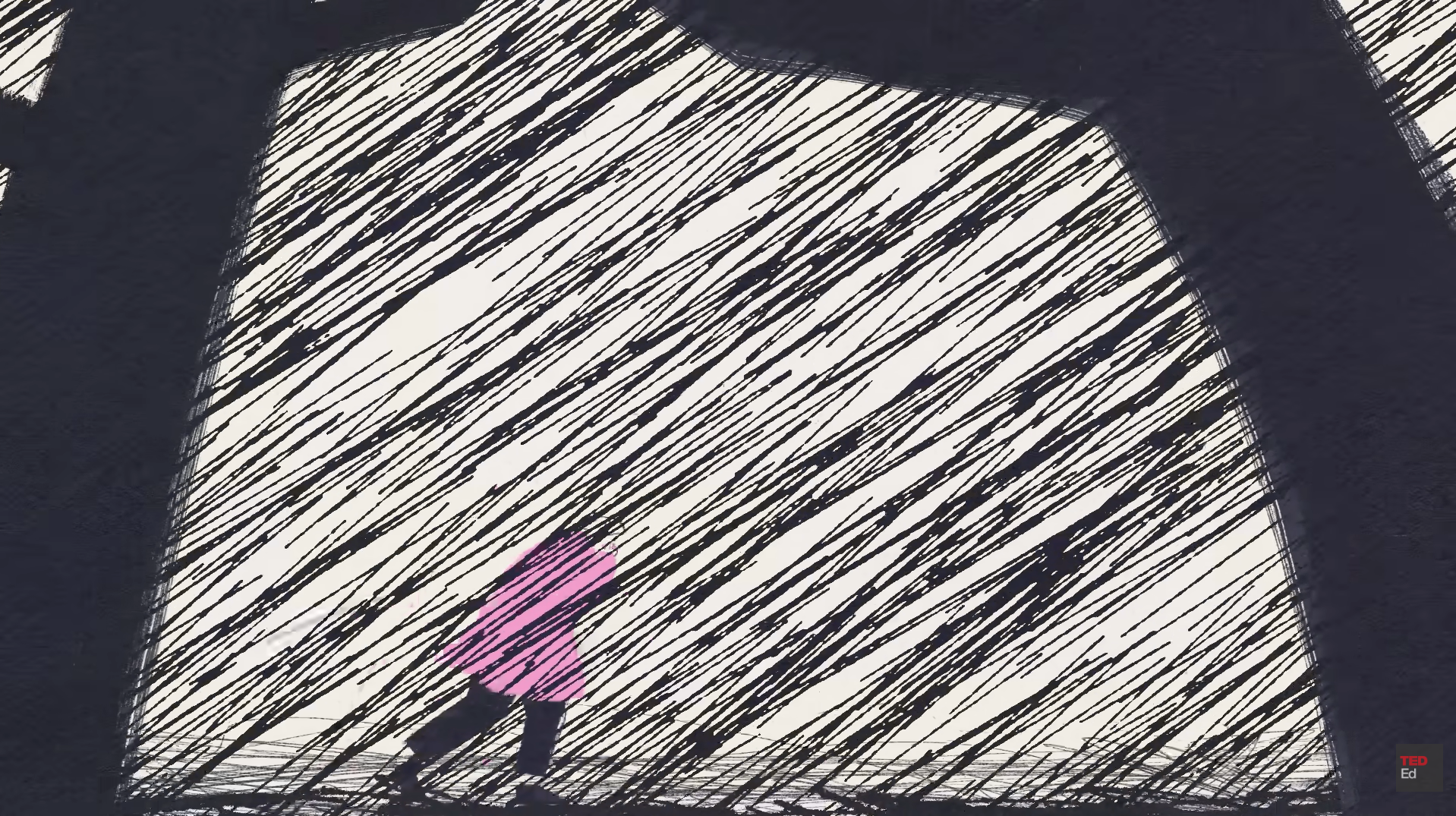 Small figure in pink struggles forward through dense black lines filling an abstract landscape.