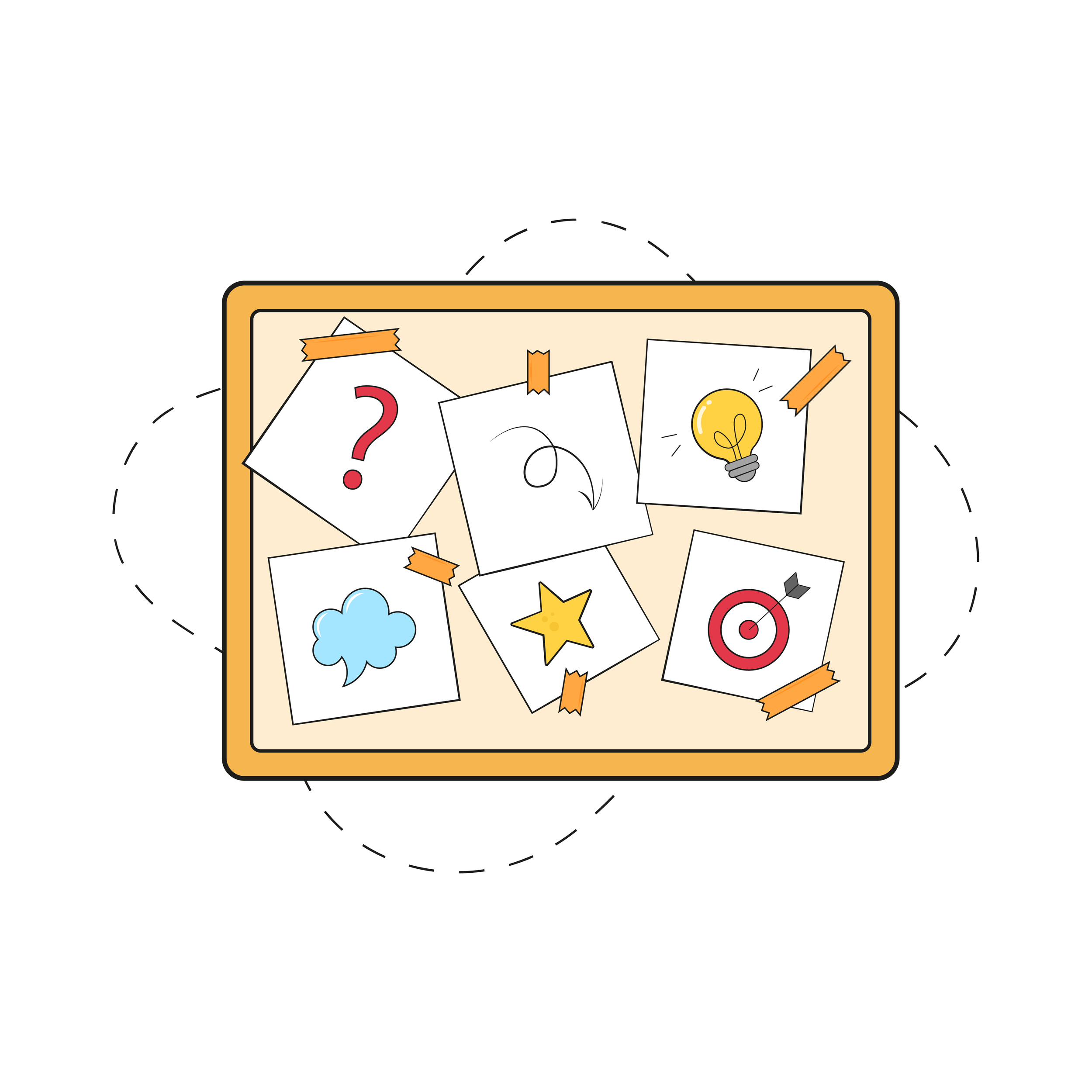 Board filled with sketches including a question mark, lightbulb, cloud, star, and target, representing idea development.