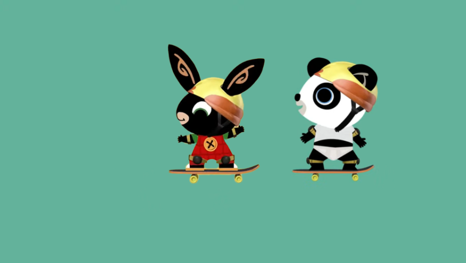 Rabbit and panda cartoon characters riding skateboards on plain background