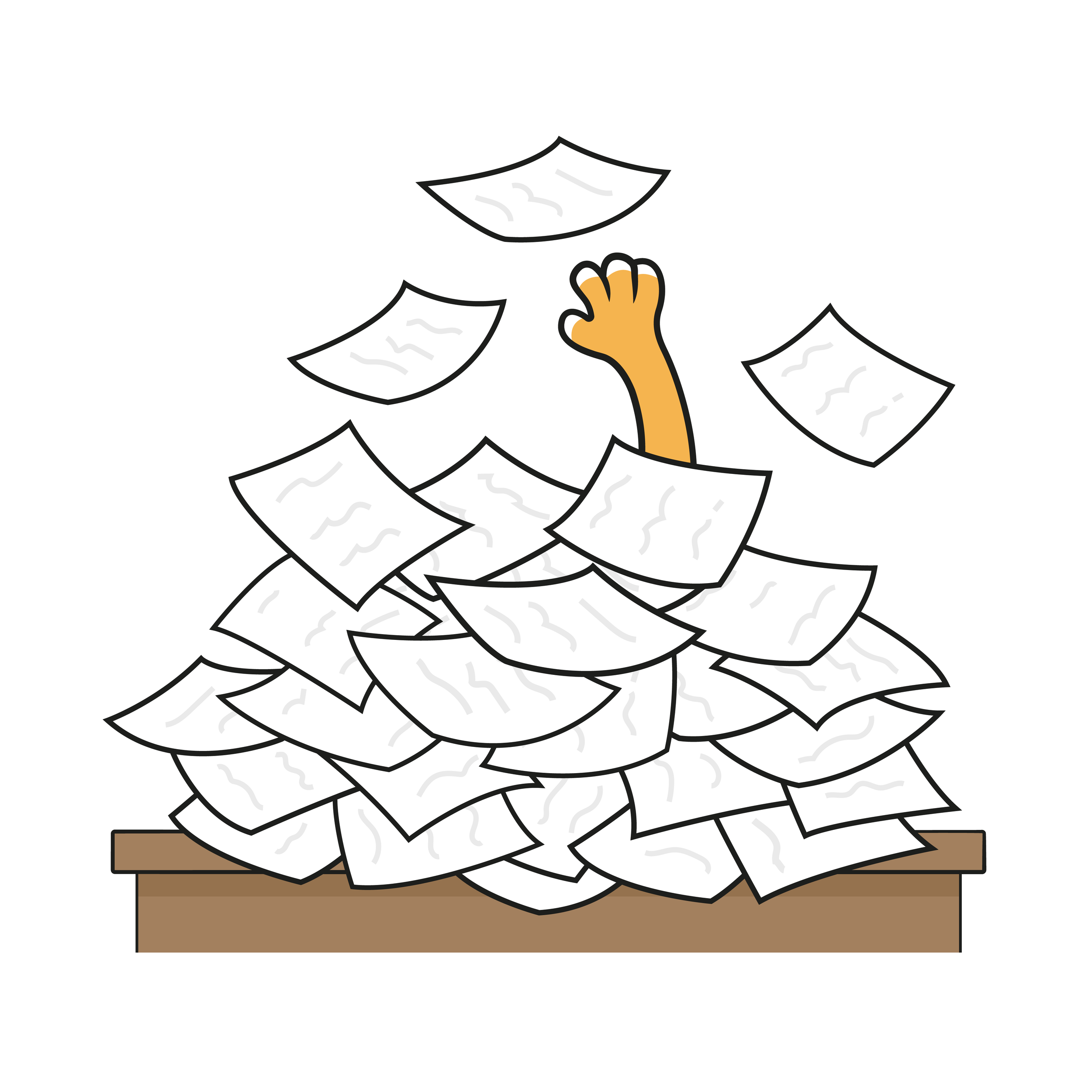 Character buried under a large pile of papers with one hand reaching out, representing overload and administrative stress.