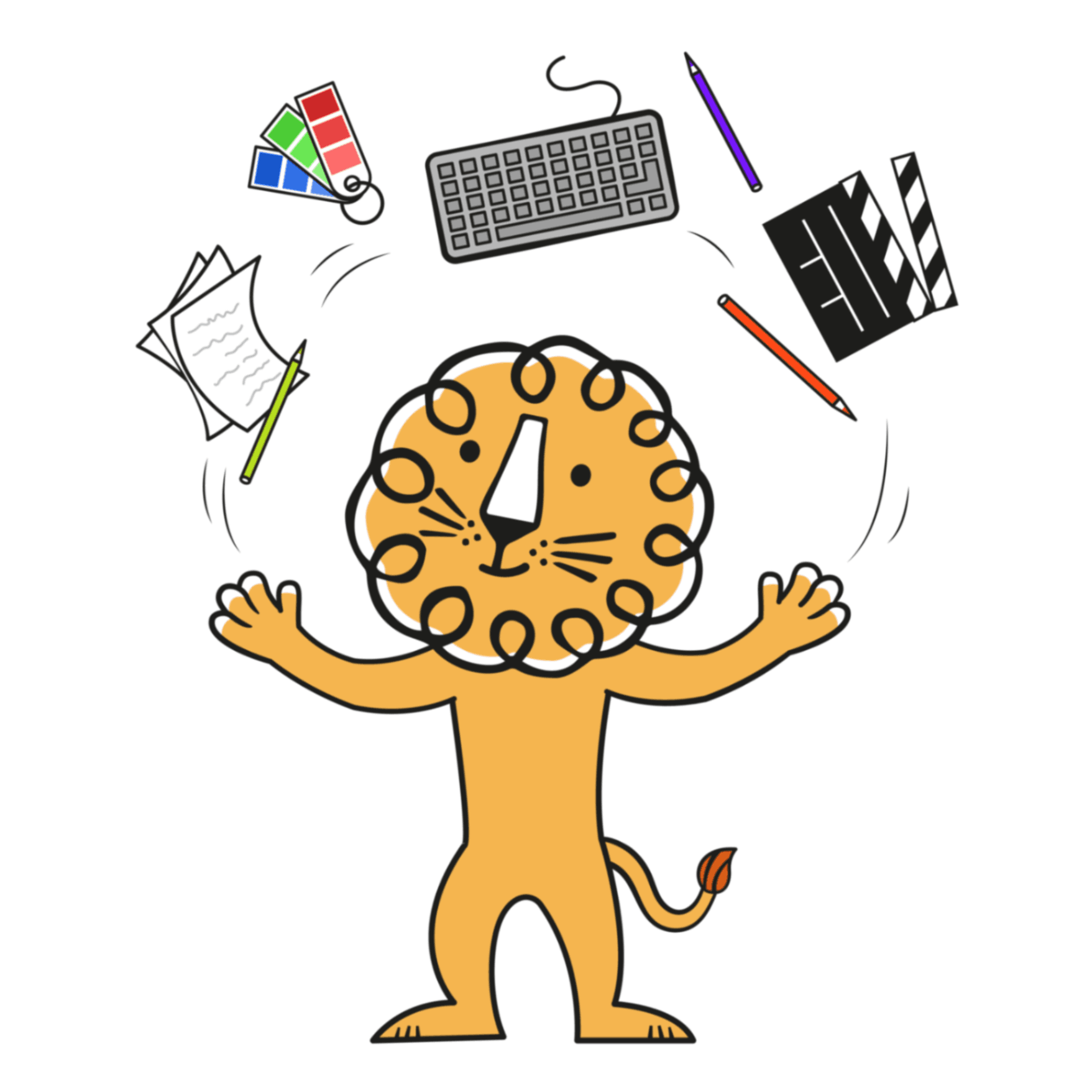 Leon! Animation Studio’s lion juggles creative tools like papers, keyboard, pencils, and clapperboard.