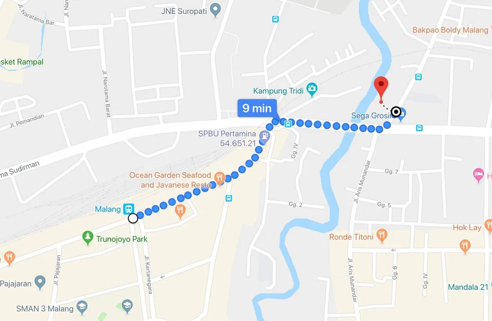 A map of How to get to Malang's Rainbow Village from the train station