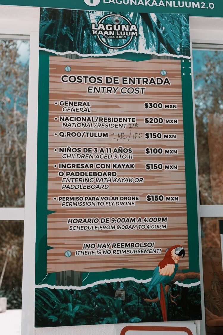 price list for visiting laguna kaan luum in tulum 