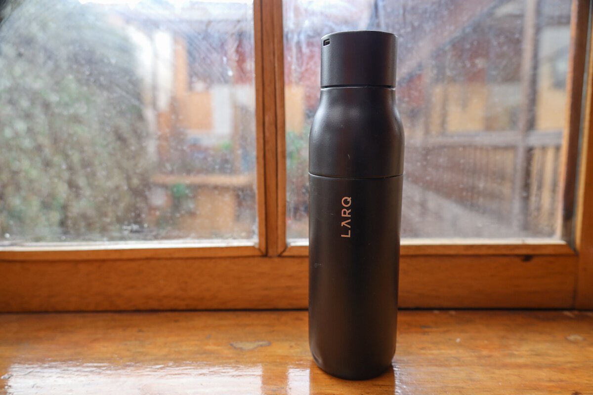 LARQ water filtration bottle on a windowsill. 