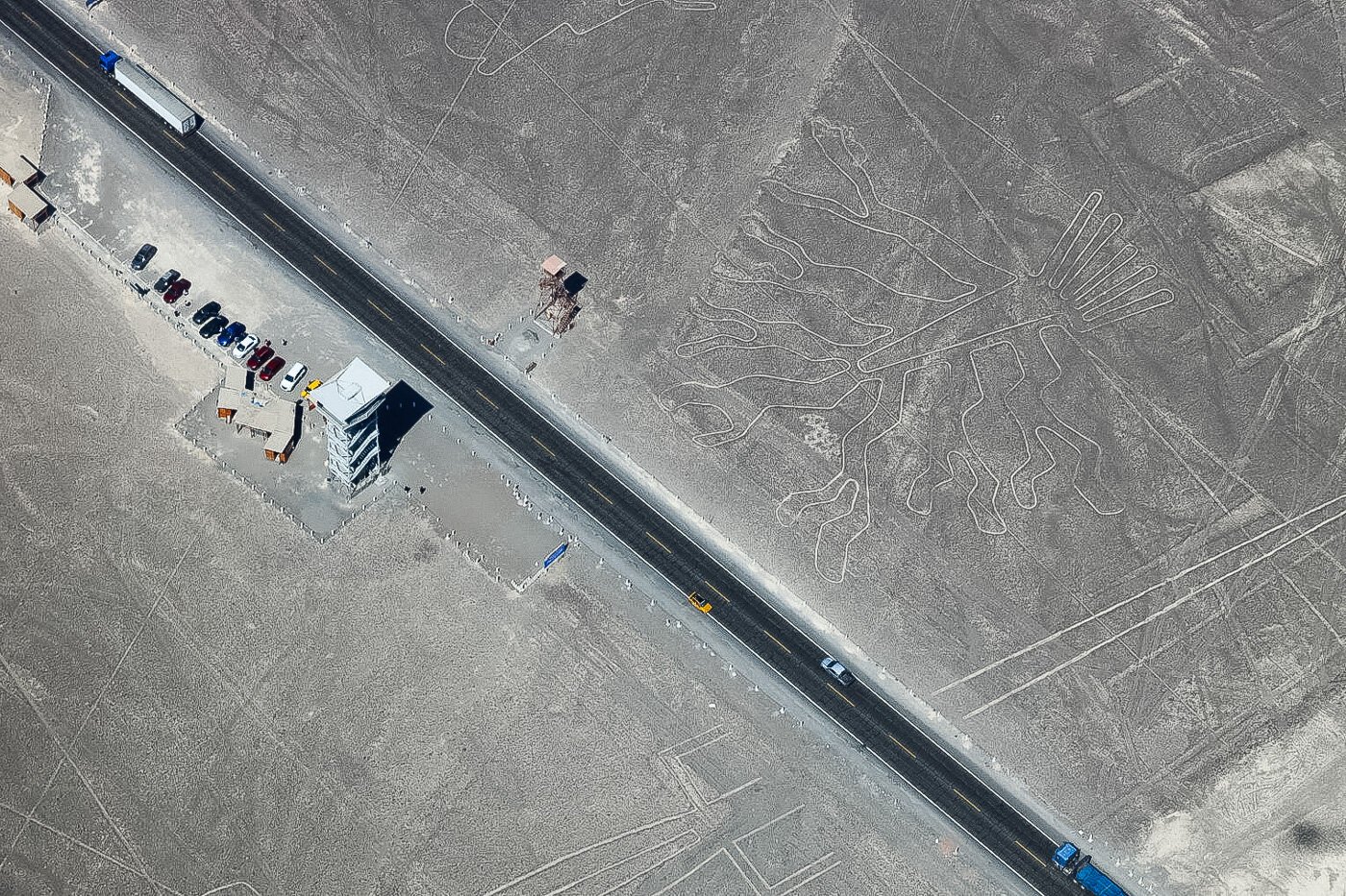 The observation tower with a view of two of the Nazca Lines in Ica Peru