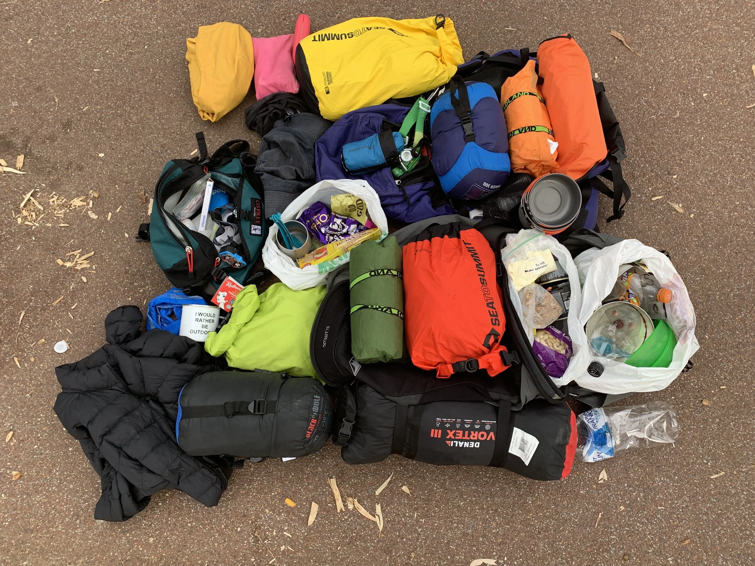 Contents of two hiking packs for two-night hike in Autumn on Bibbulmun Track