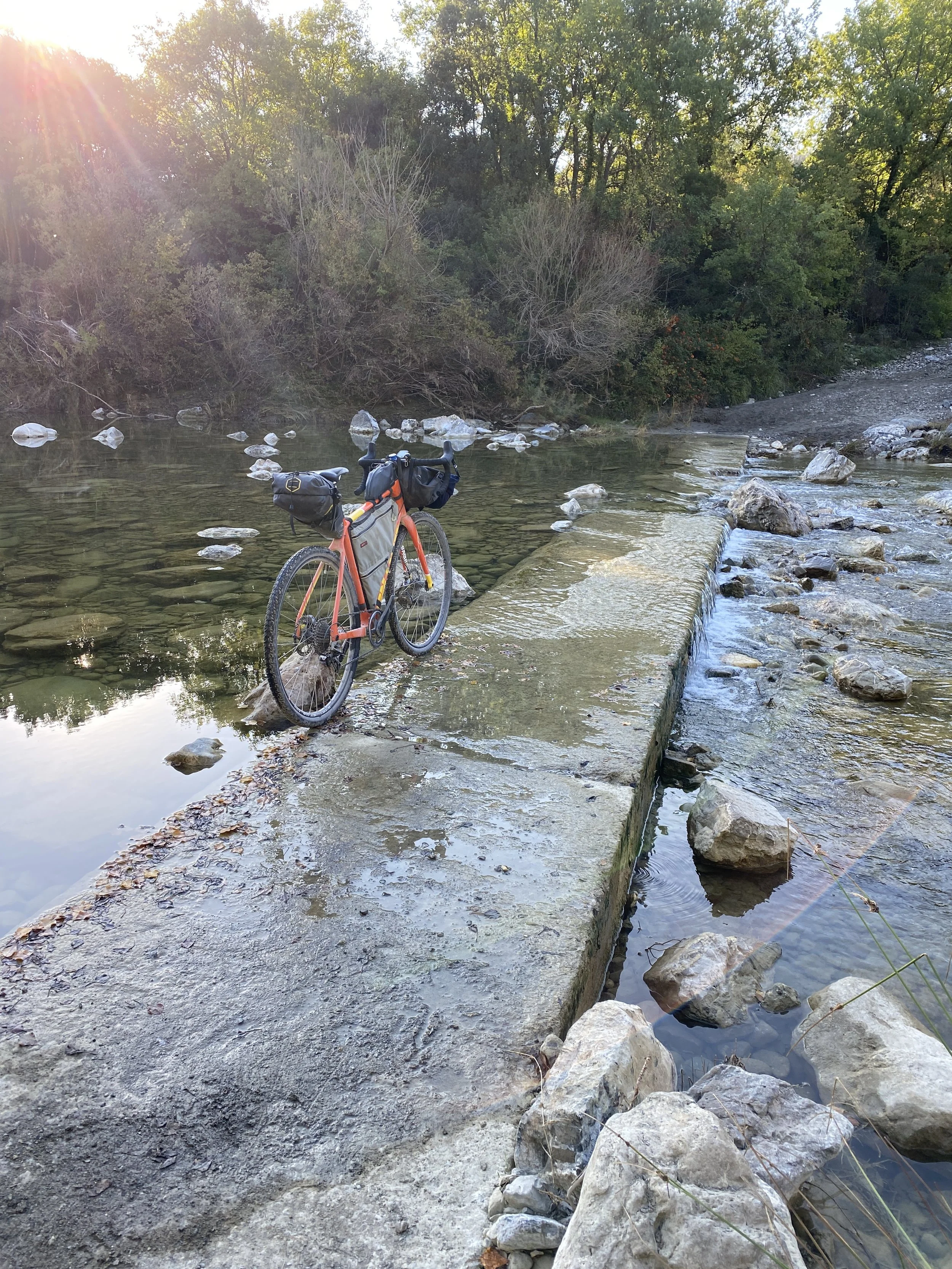 Fording the river below Bagno Vignoni