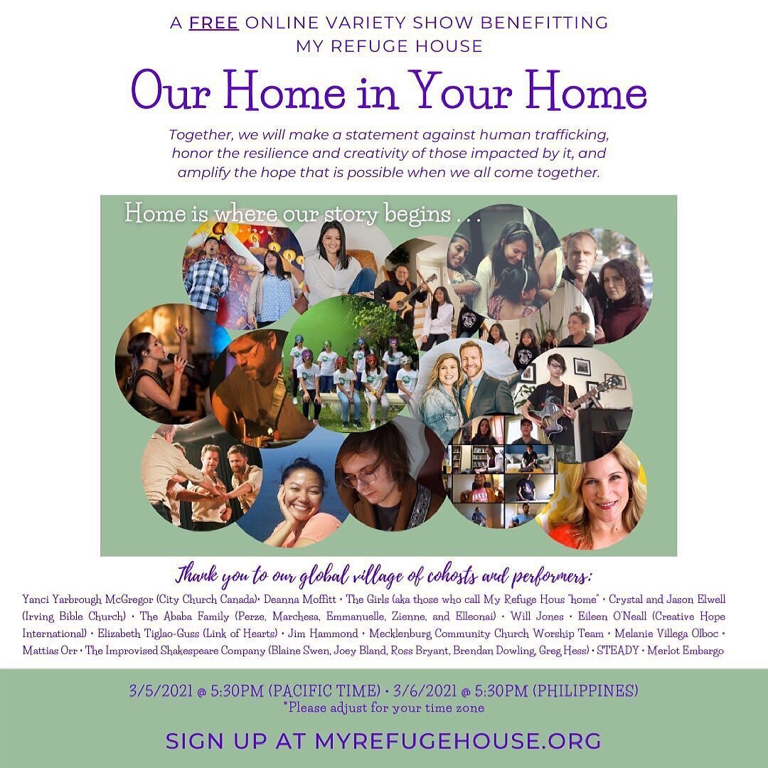 Posted @withregram &bull; @myrefugehouse (From @hsfbland our CEO)

Hi. I would like to personally invite you to attend the 3/5 or 3/6 (depending on your time zone) premiere of OUR HOME IN YOUR HOME, an online variety show benefitting My Refuge House.