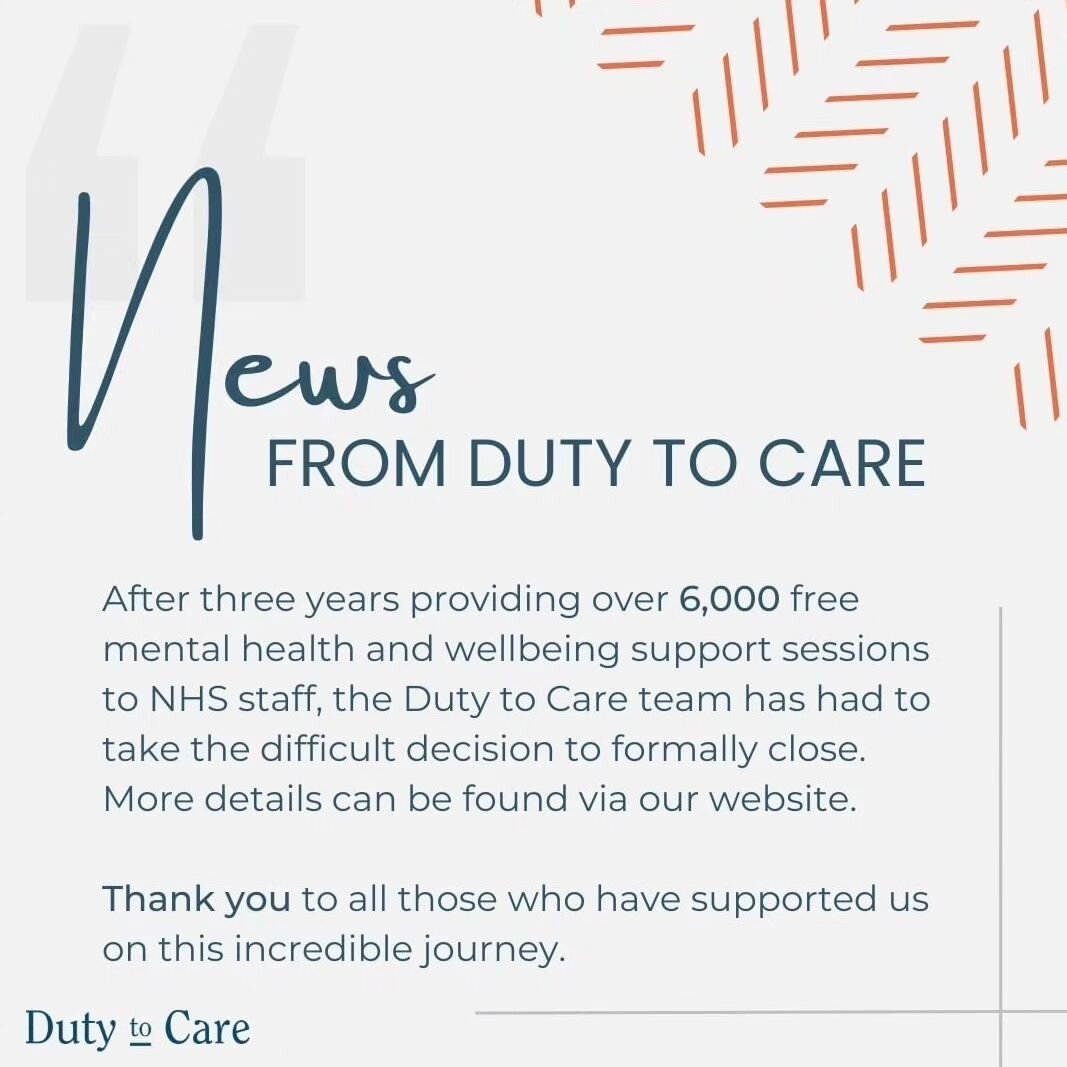 😞You may have seen this post from @dutytocare announcing their decision to close. This is extremely sad and the team have worked relentlessly to provide mental and physical health support to NHS workers for free at a time when the NHS fails to provi