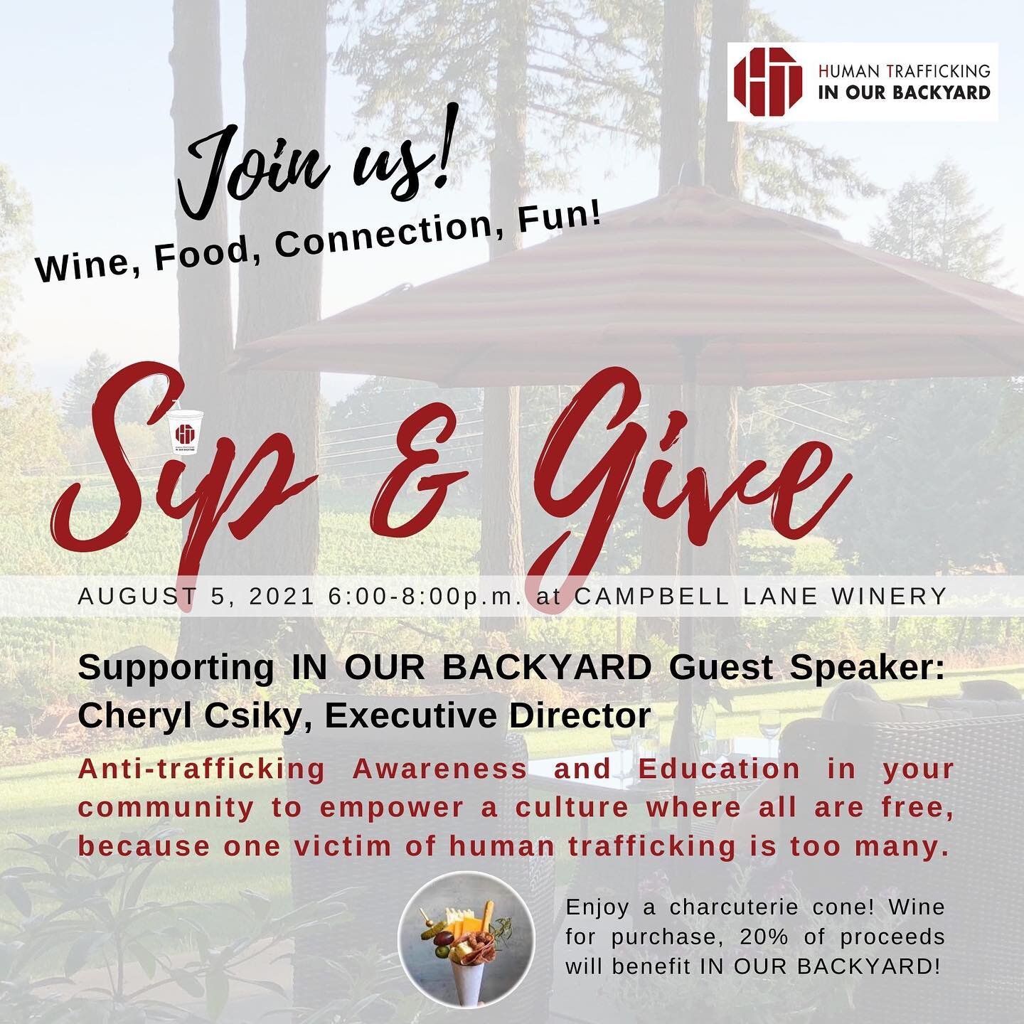 We are excited to host a Sip and Give fundraiser for In Our Backyard August 5, which works to combat human trafficking. You can learn more and sign up by tapping the link in our bio.