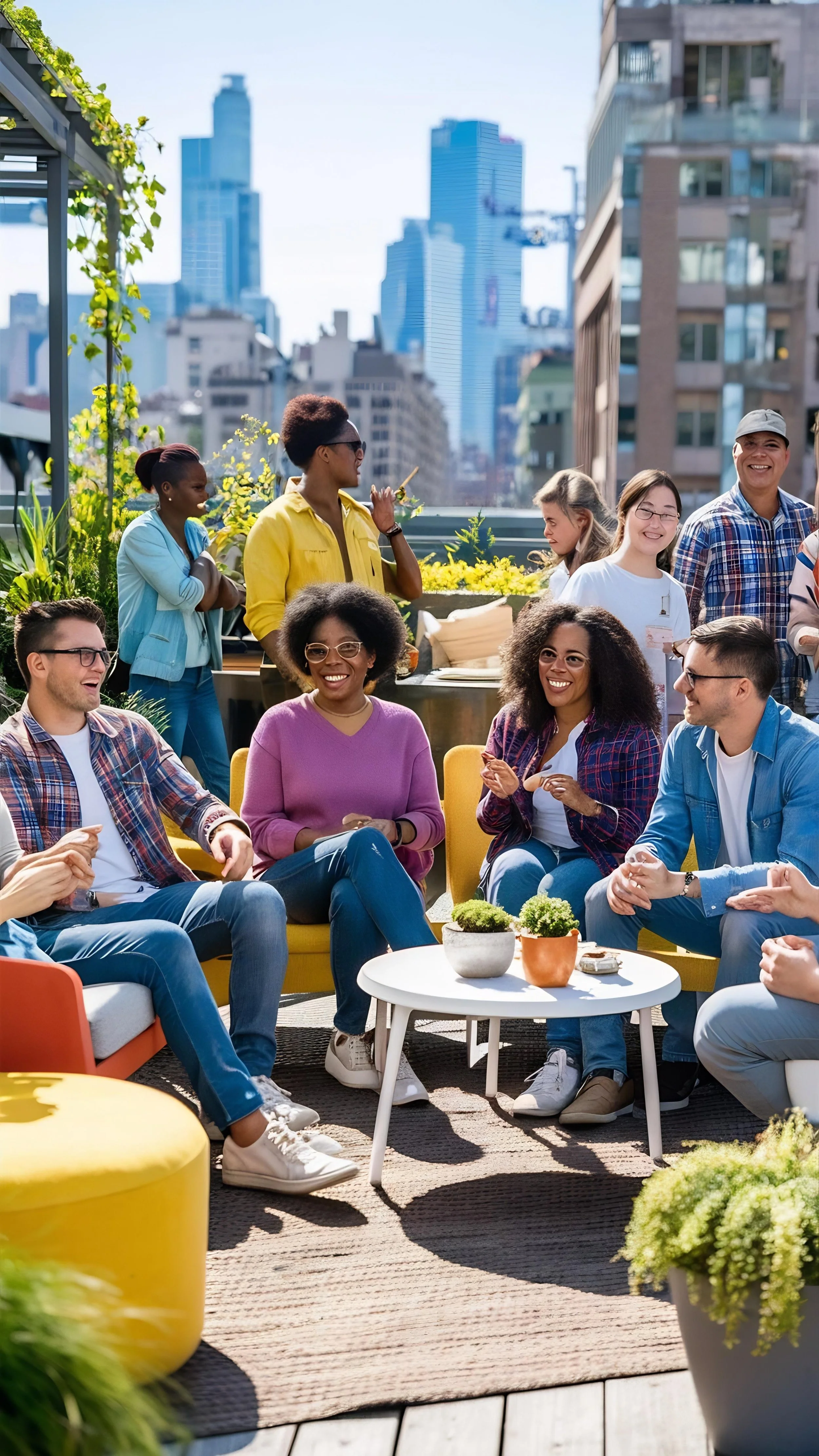 Friends hanging out on a rooftop outdoors