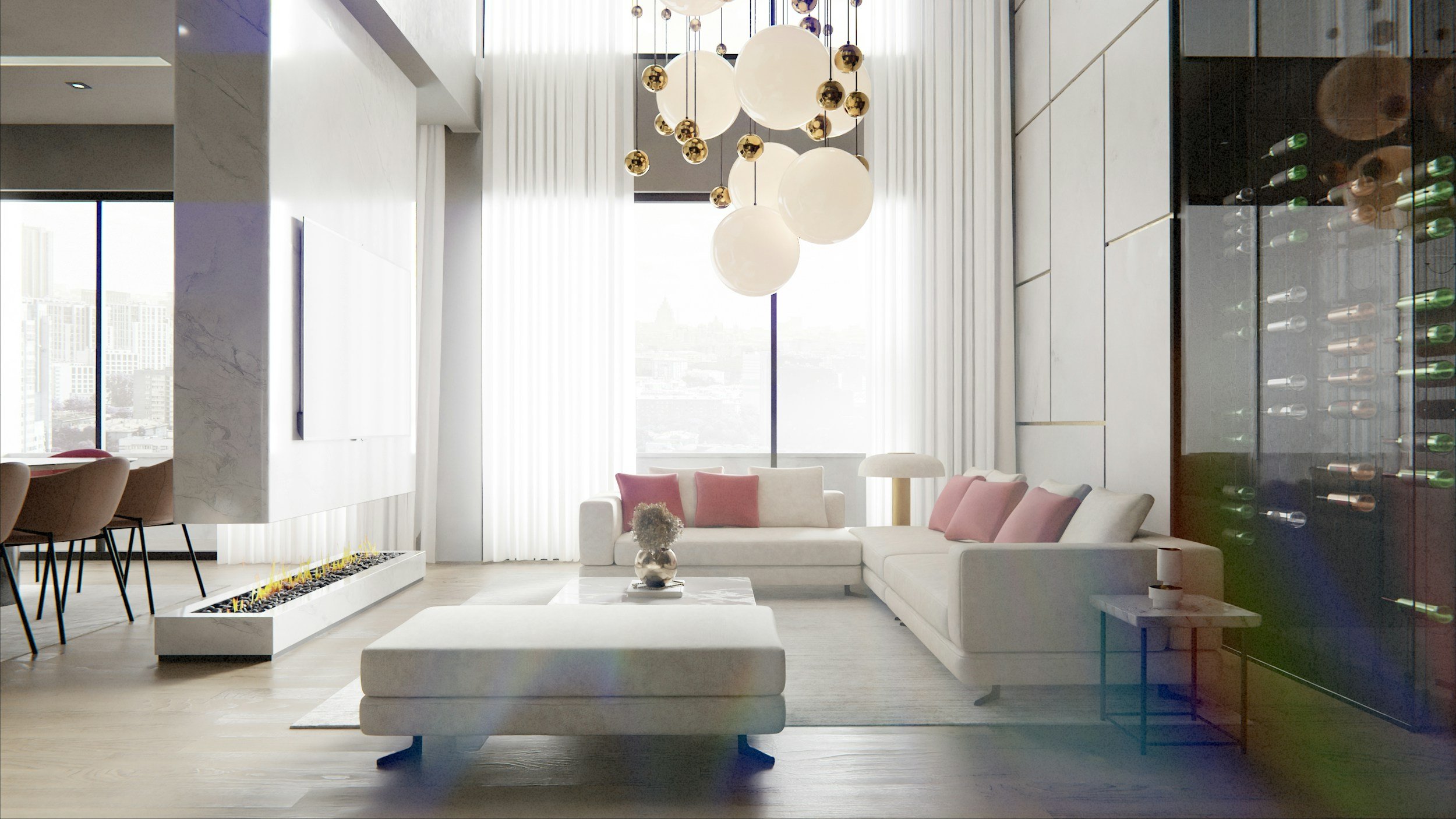 A modern living room with a white couch, pink pillows, a glass coffee table, and a decorative fireplace, with tall windows and a city view.