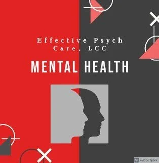 Book cover titled 'Effective Psych Care, LCC' with the main focus on 'Mental Health', featuring silhouettes of a child's profile and a parent's profile.